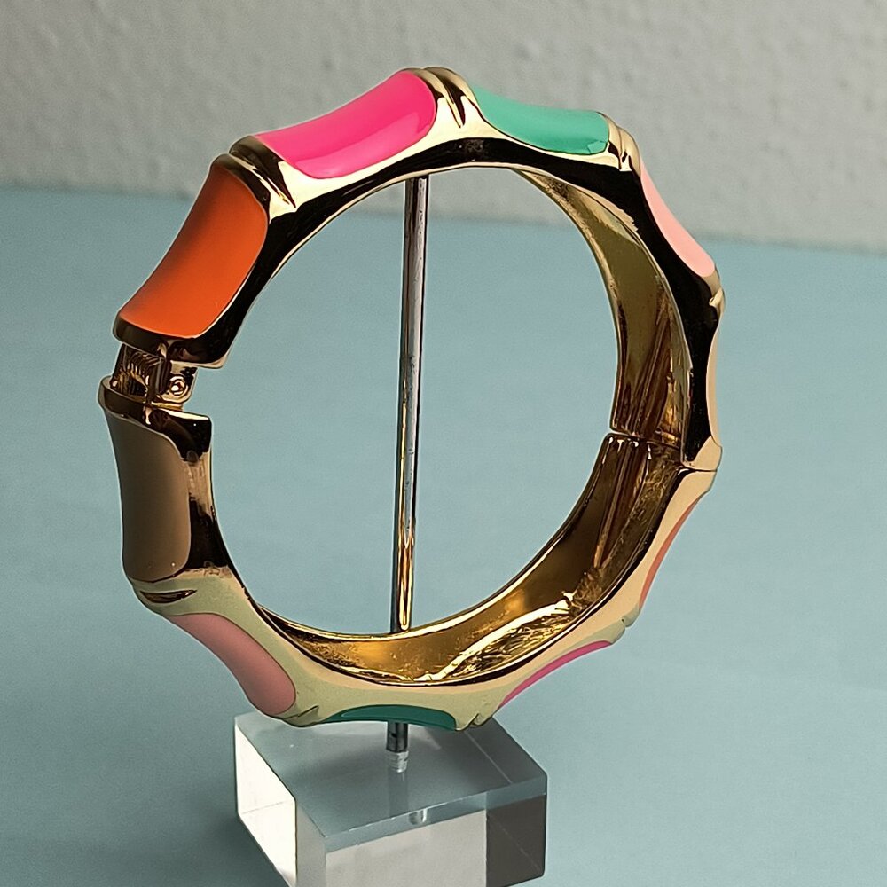 STATEMENT Enamel Bamboo Vibrant Multicolor Cuff Bangle Bracelet Gold Tone